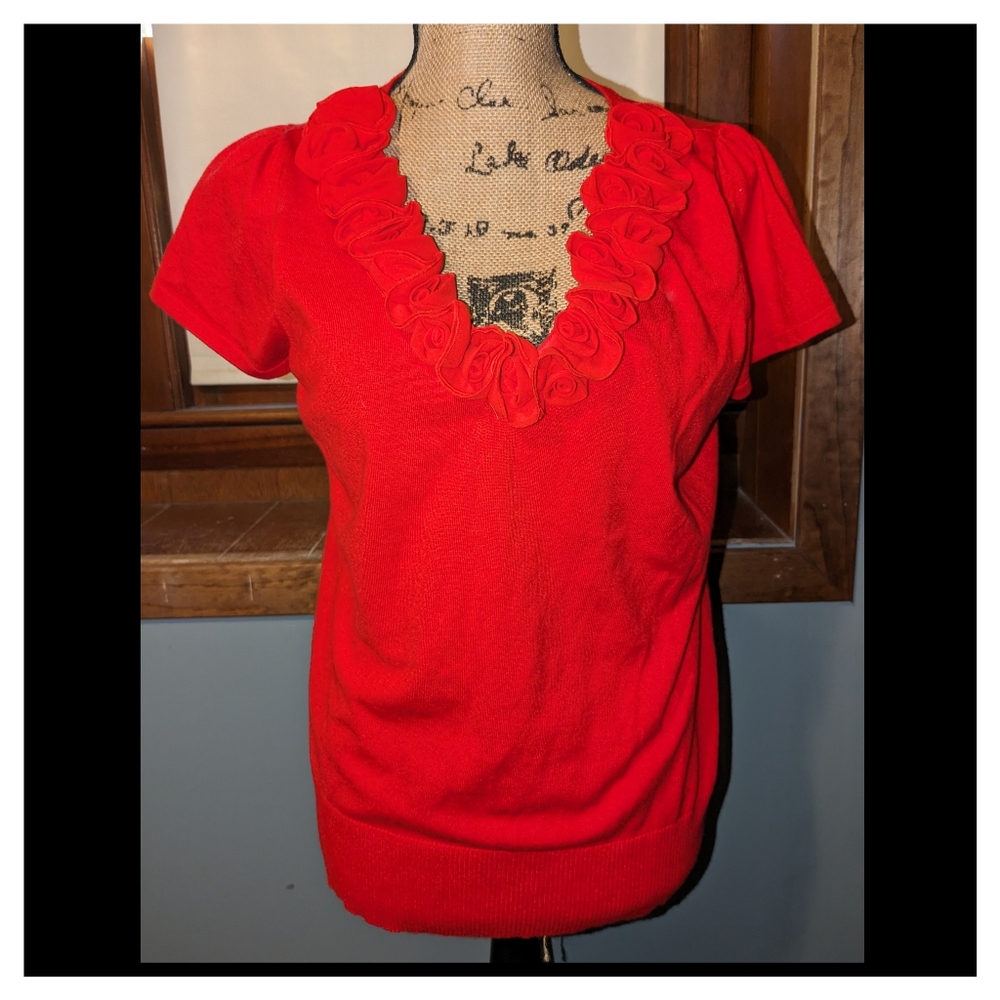 INC International Concepts X-Large Red Flower Embellished V-Neck Top